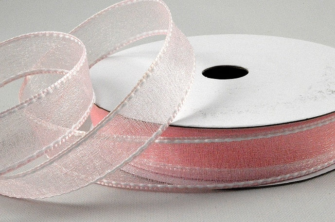 16mm Sheer & Saddle Stitch Ribbon x 20 Metres!3201 Pink and White