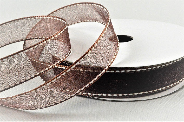 16mm Sheer & Saddle Stitch Ribbon x 20 Metres!5750 Brown and Off White