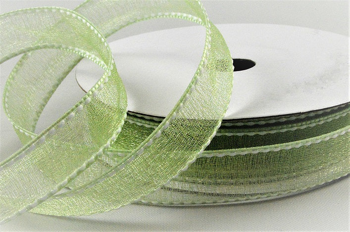 16mm Sheer & Saddle Stitch Ribbon x 20 Metres!6301 Pale Green and White