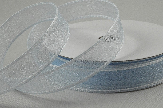 16mm Sheer & Saddle Stitch Ribbon x 20 Metres!7001 Light Blue and White