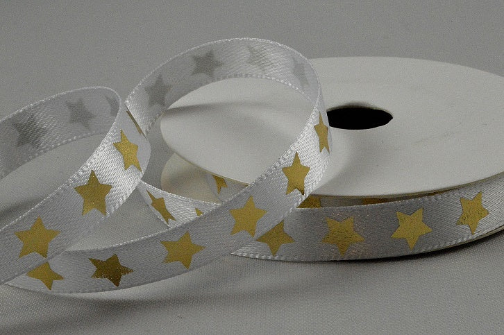 10mm Satin Star Printed Ribbon x 10 Metre Rolls!Gold