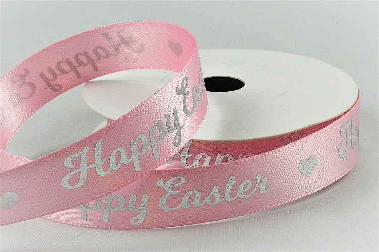 55129 - 15mm Satin Happy Easter Ribbon x 10 Metre Rolls!32 Pink