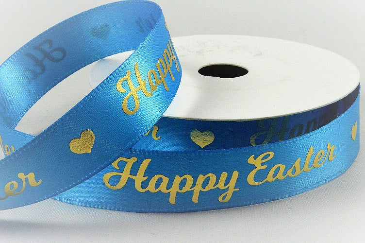55129 - 15mm Satin Happy Easter Ribbon x 10 Metre Rolls!74 Blue