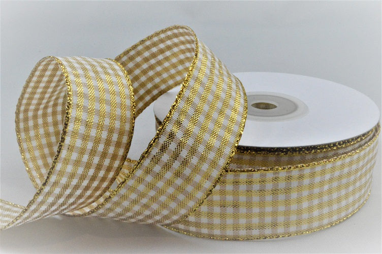 25mm & 38mm Gingham Check Lurex Ribbon (20 Metre Rolls)25mm / Gold