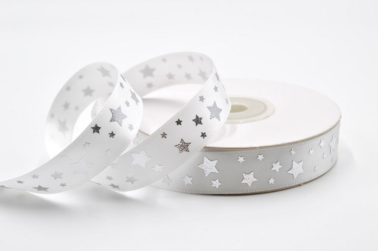 15mm & 25mm Double Faced Satin Star Printed Ribbon (20 Metre Rolls)15mm / White