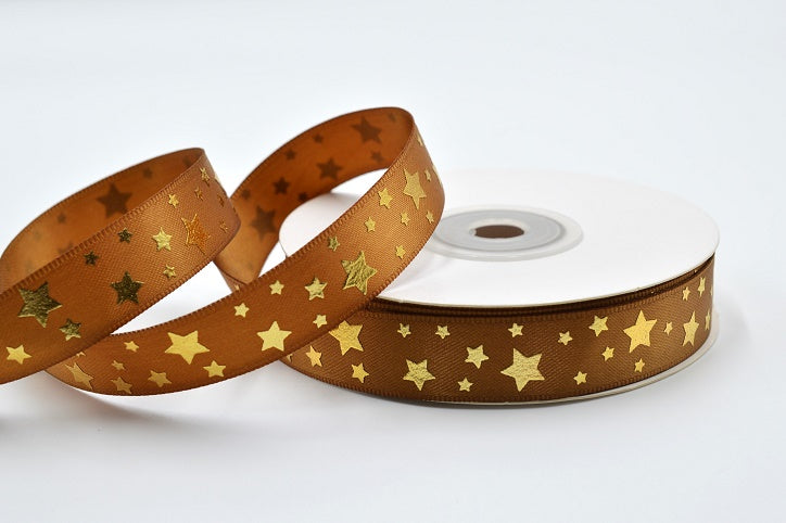 15mm & 25mm Double Faced Satin Star Printed Ribbon (20 Metre Rolls)15mm / Gold