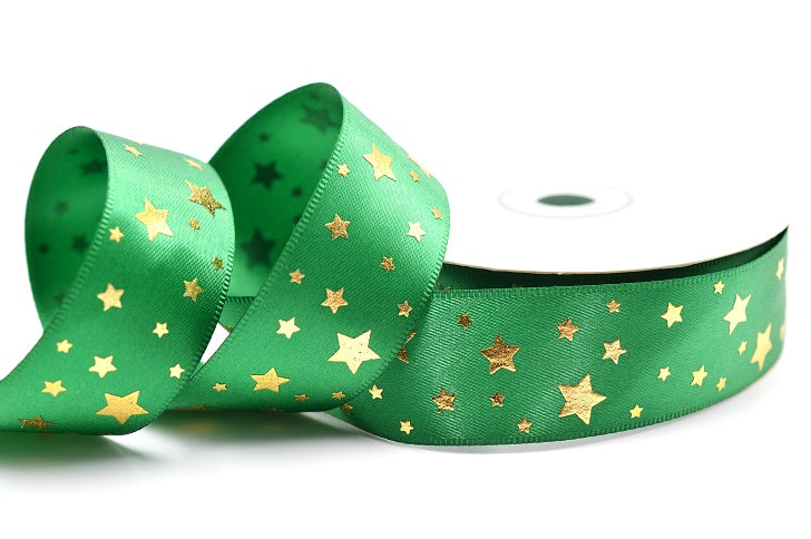 15mm & 25mm Double Faced Satin Star Printed Ribbon (20 Metre Rolls)15mm / Emerald Green