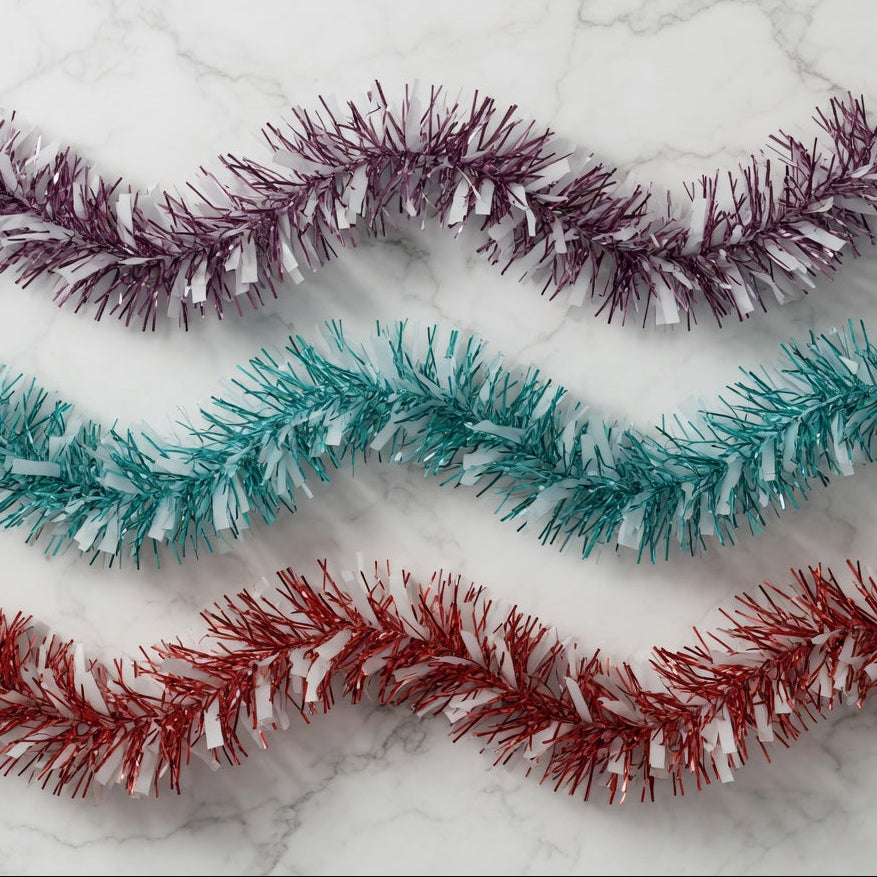 Coloured Tinsel with Hanging White Deco x 2 Metre Lengths!