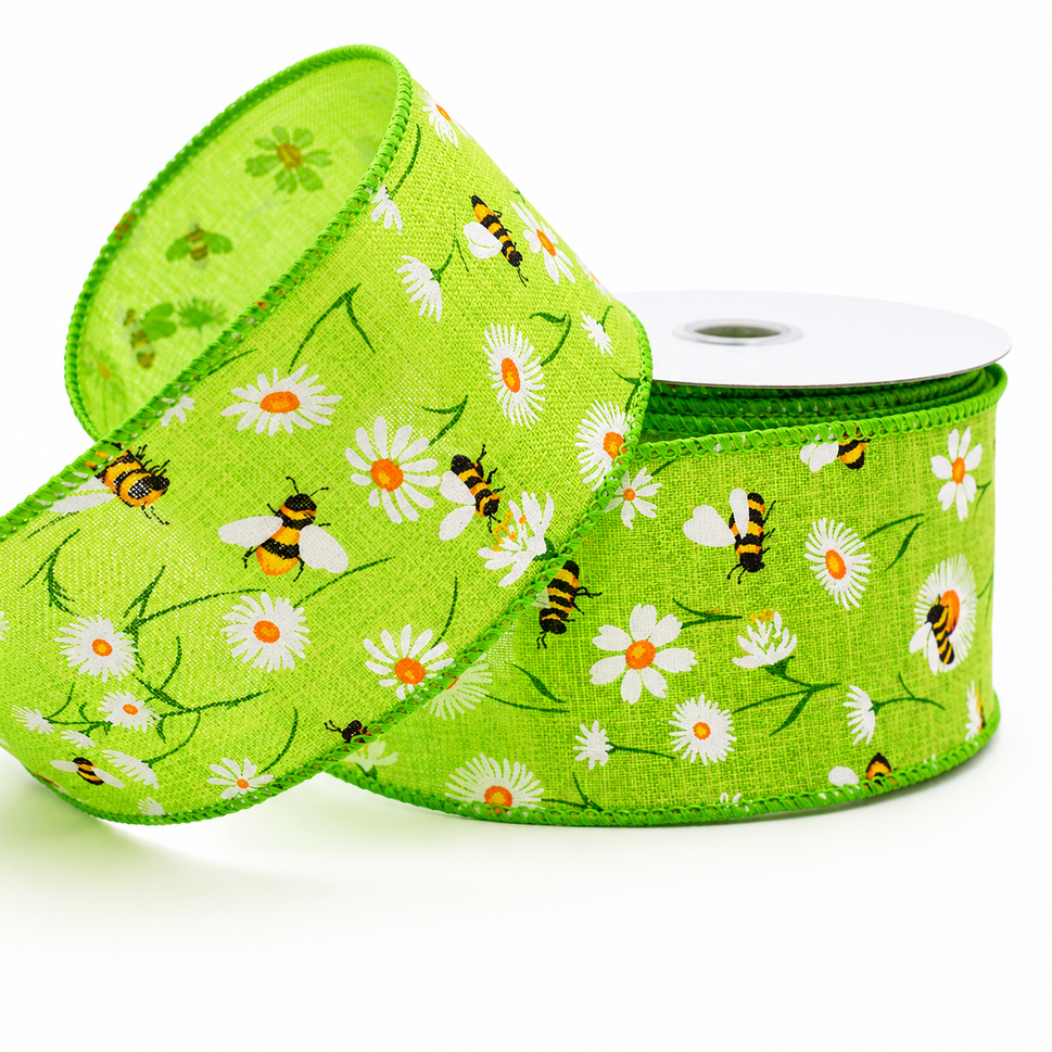 25mm, 38mm & 63mm Wired Summery Bumble Bee Ribbon x 10 Metres!63mm / Yellow