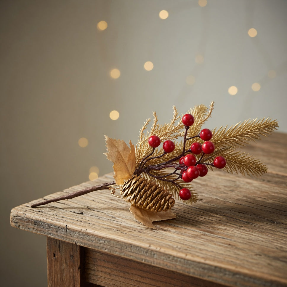 Golden Pine Needles & Red Berries Deco pick
