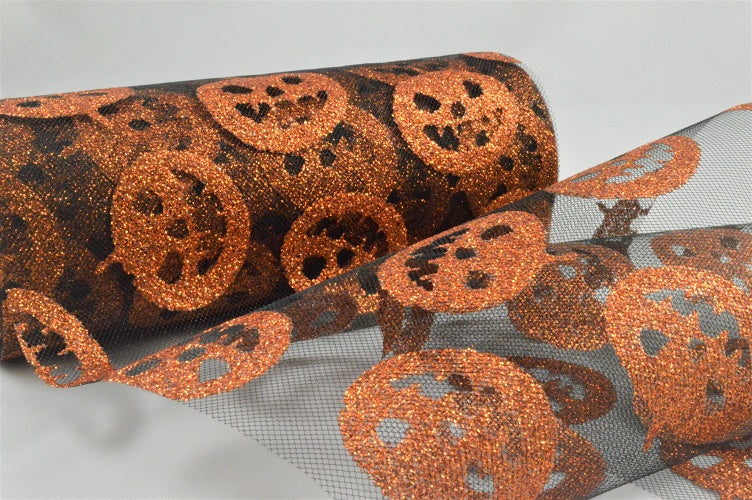 150mm Halloween Pumpkin Printed Nylon Tulle (10 Metre Rolls)