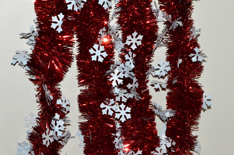 Coloured Tinsel with Hanging White Snowflakes x 2 Metre Lengths!Red
