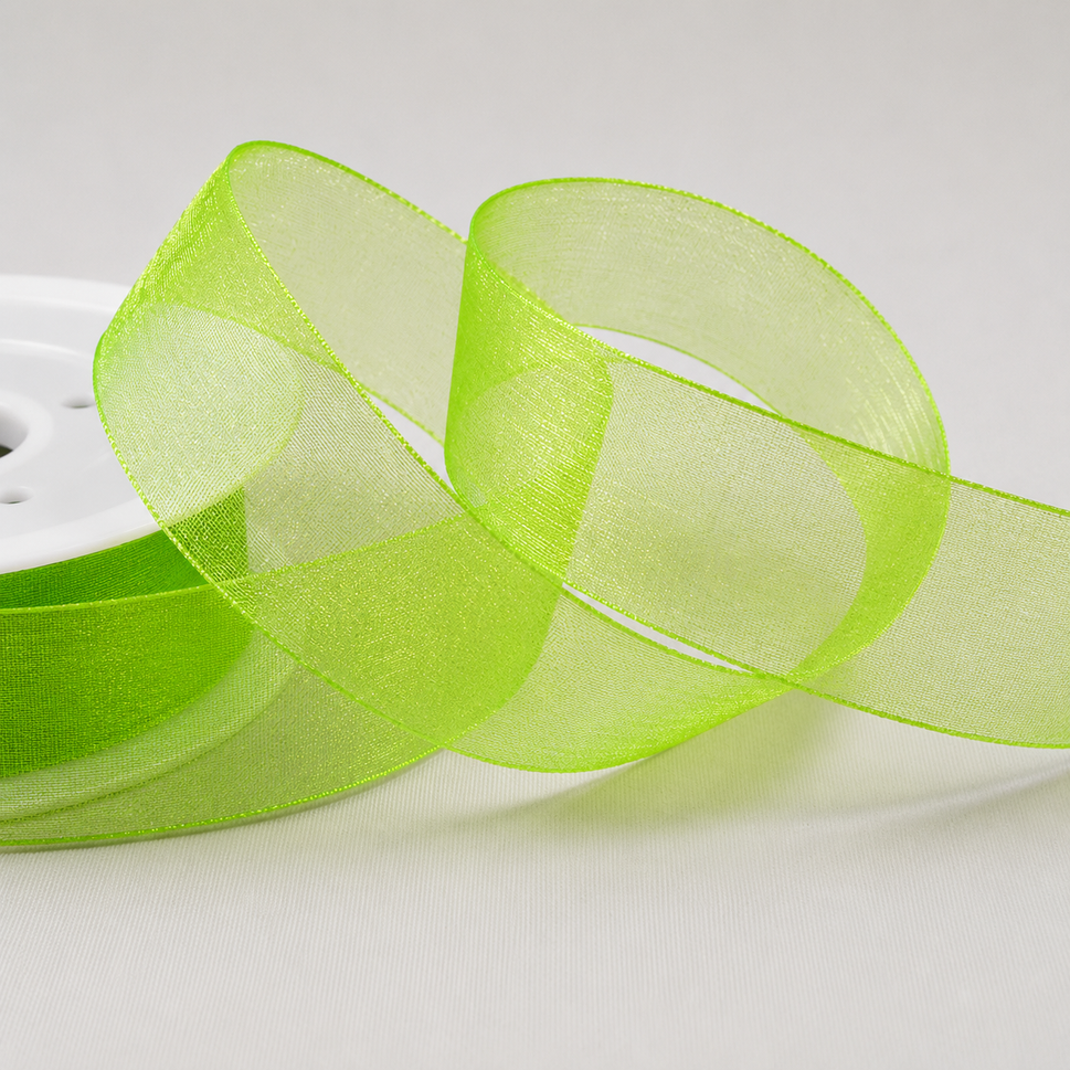 3mm,  9mm, 15mm, 25mm & 40mm Sheer Organza Ribbon3mm / Apple Green / 50 Metres
