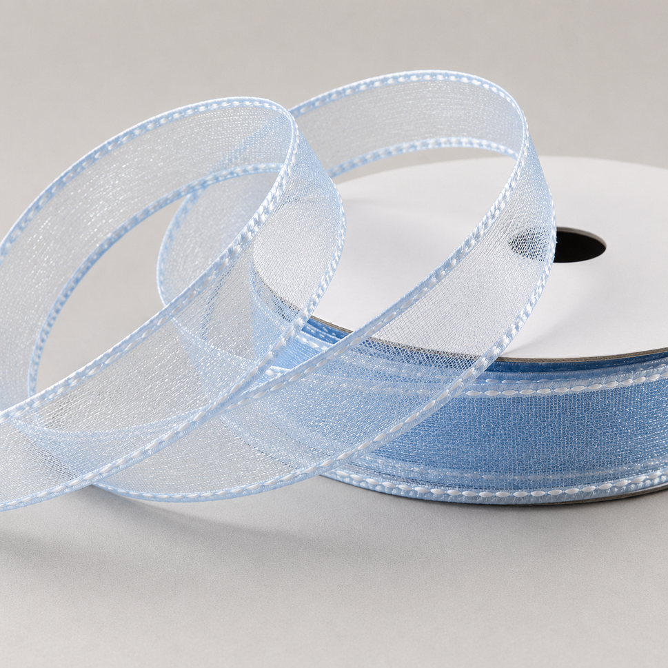 16mm Sheer & Saddle Stitch Ribbon x 20 Metres!Baby Blue & White