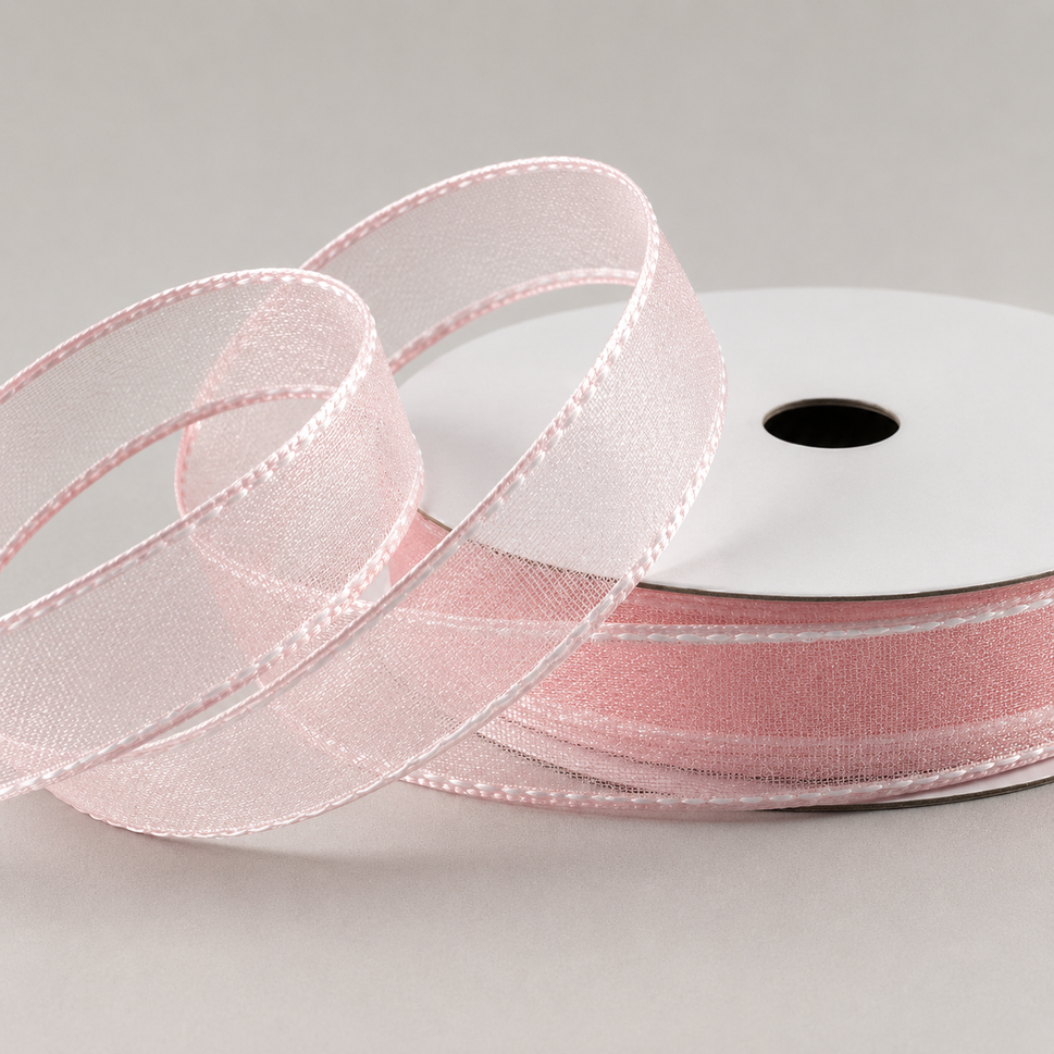 16mm Sheer & Saddle Stitch Ribbon x 20 Metres!Baby Pink & White