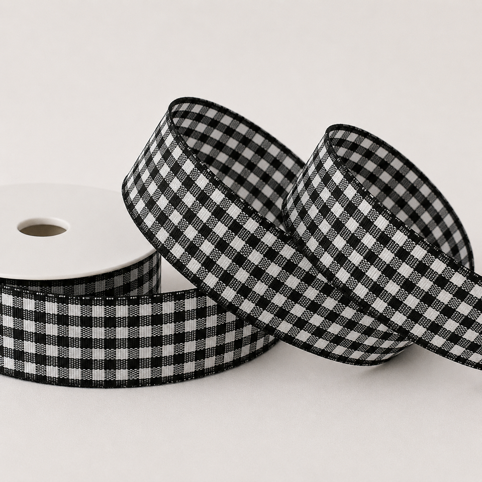 25mm Gingham Ribbon x 25 Metre Rolls!Black