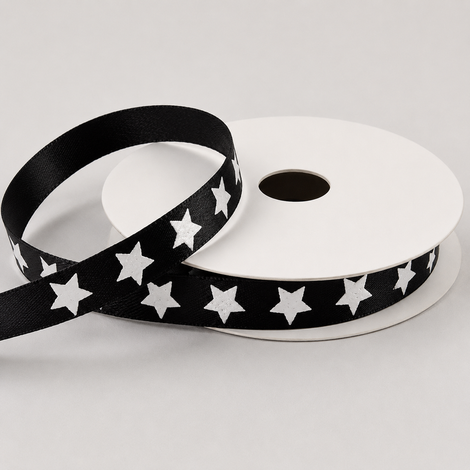 10mm Satin Star Printed Ribbon x 10 Metre Rolls!Black
