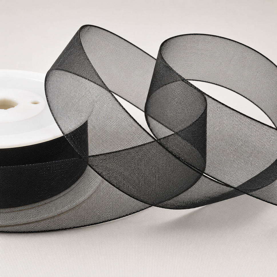 3mm,  9mm, 15mm, 25mm & 40mm Sheer Organza Ribbon3mm / Black / 50 Metres