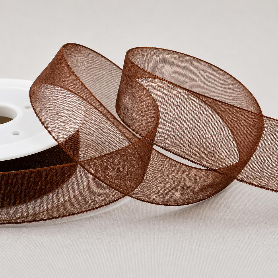 3mm,  9mm, 15mm, 25mm & 40mm Sheer Organza Ribbon3mm / Brown / 50 Metres