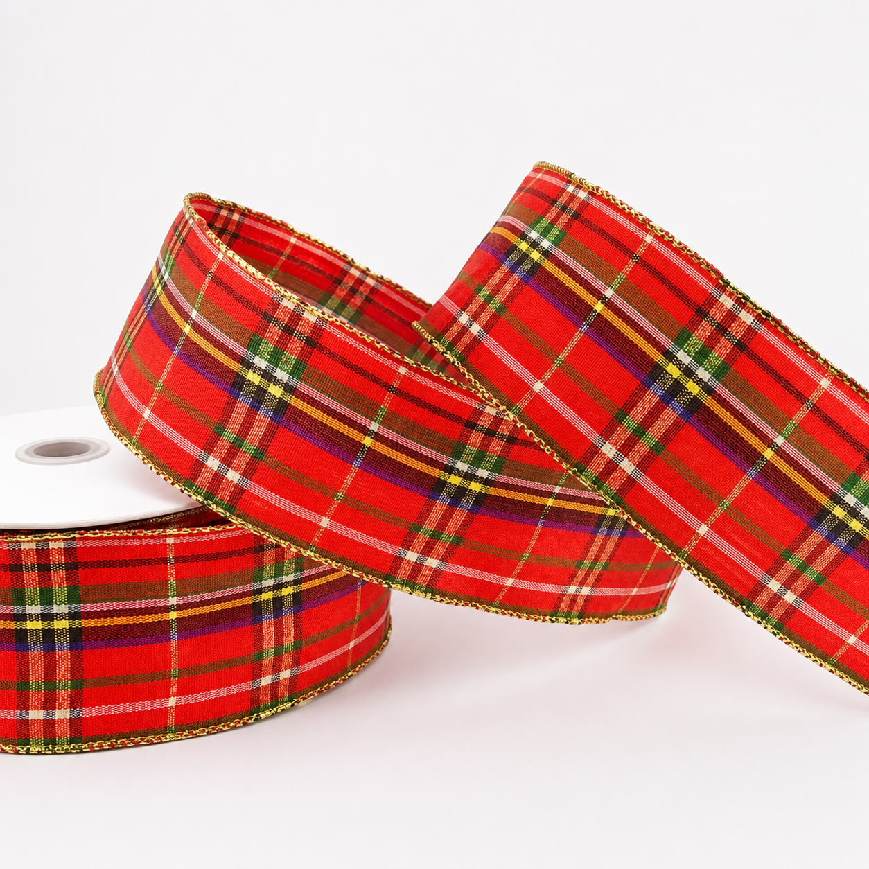 40mm Wired Red Lurex Woven Tartan Ribbon x 20 Metres!