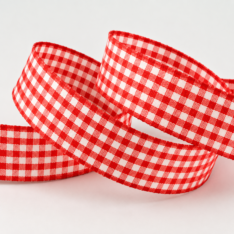 15mm, 25mm & 40mm Red & White Gingham Ribbon x 25 Metre Rolls!