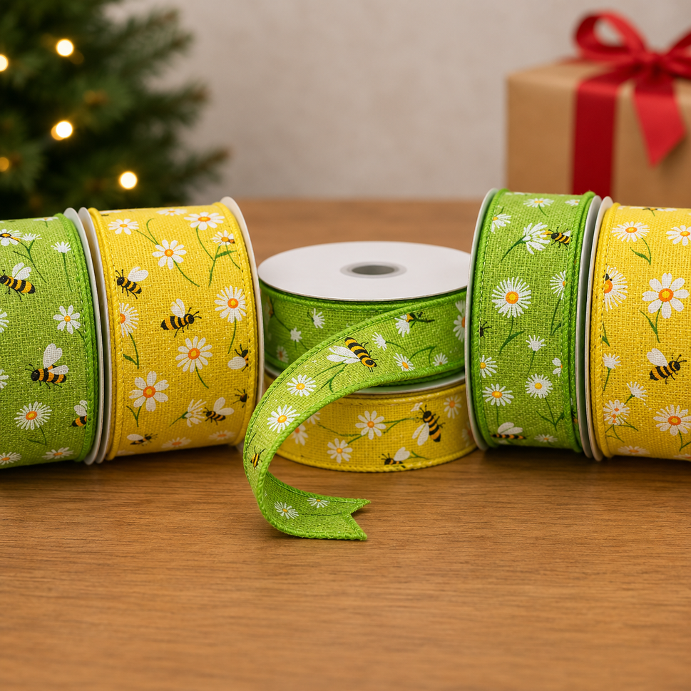25mm, 38mm & 63mm Wired Summery Bumble Bee Ribbon x 10 Metres!