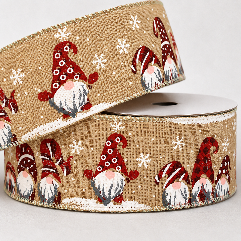 63mm Wired Natural Christmas Elves and Snowflakes Ribbon x 10 Metres!