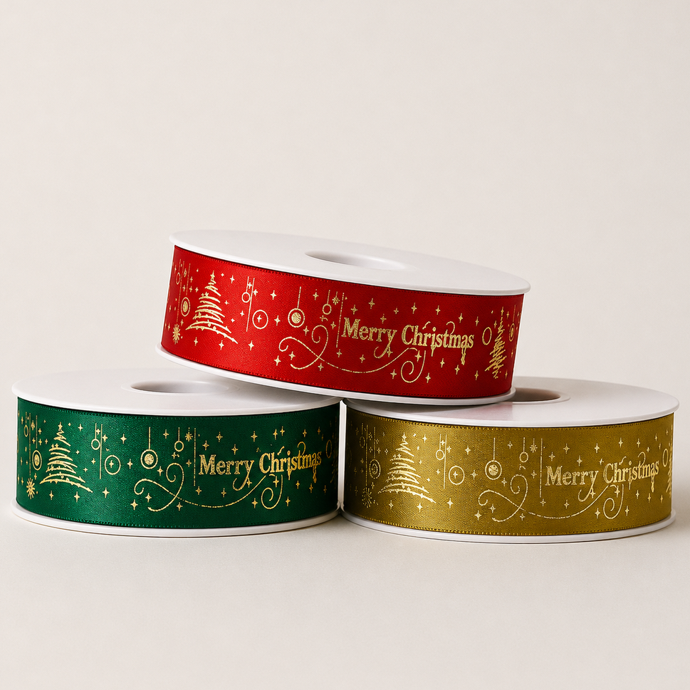 25mm Merry Christmas Printed Ribbon x 20 Metre Rolls!