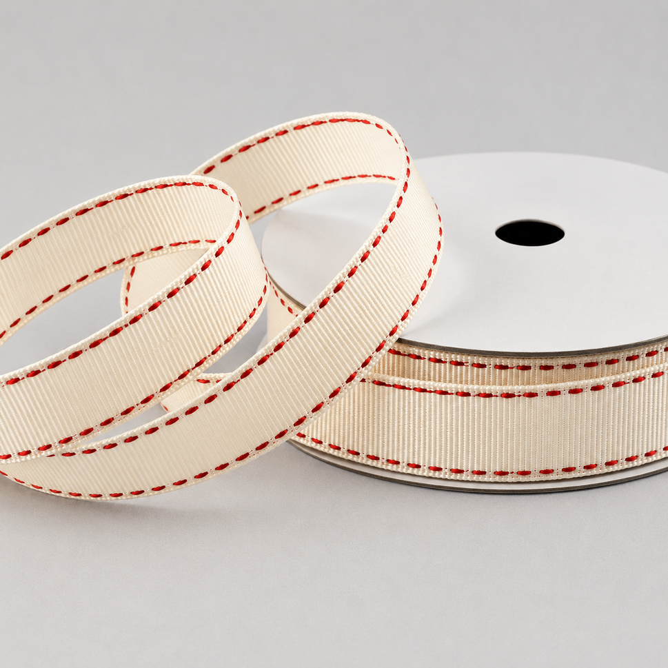 16mm White Saddle Stitch Grosgrain Ribbon x 20 Metres!Cream & Red