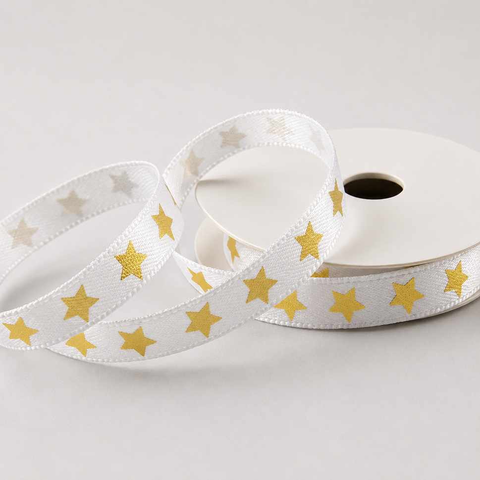 10mm Satin Star Printed Ribbon x 10 Metre Rolls!Gold