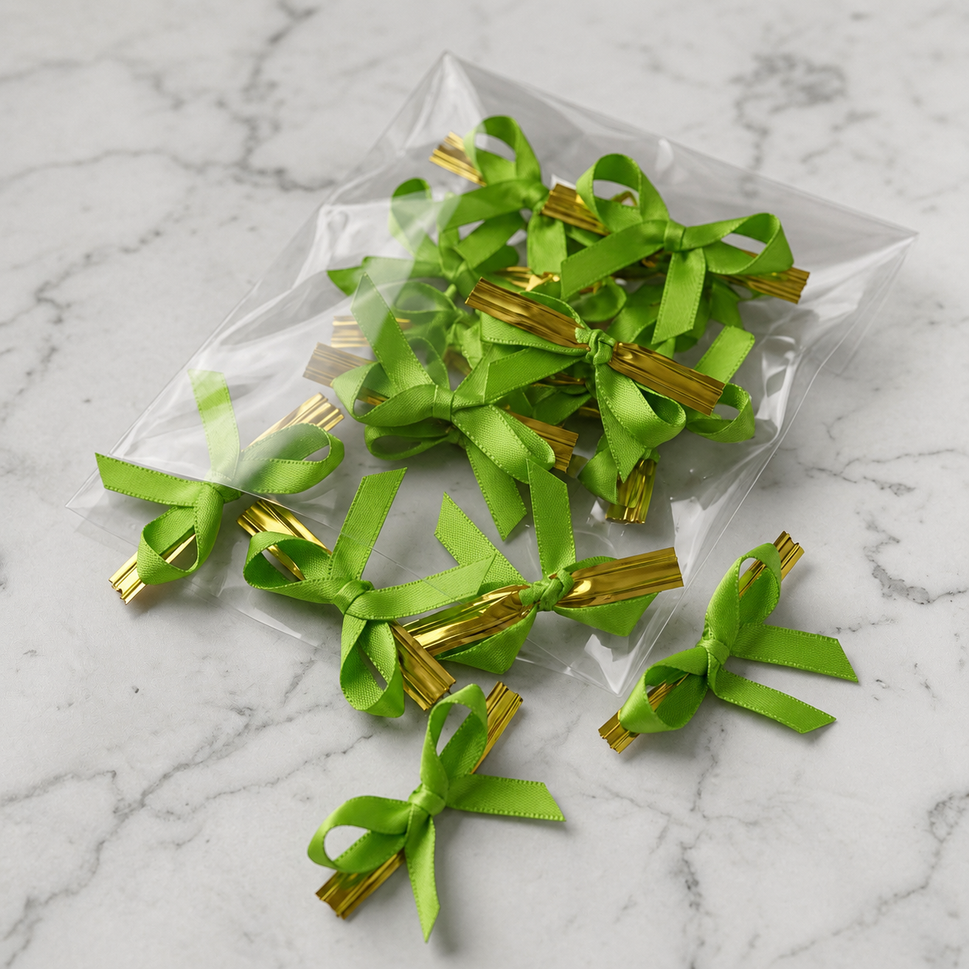 6mm Green Coloured Satin Bows & Gold Twist Ties (10 Pieces)