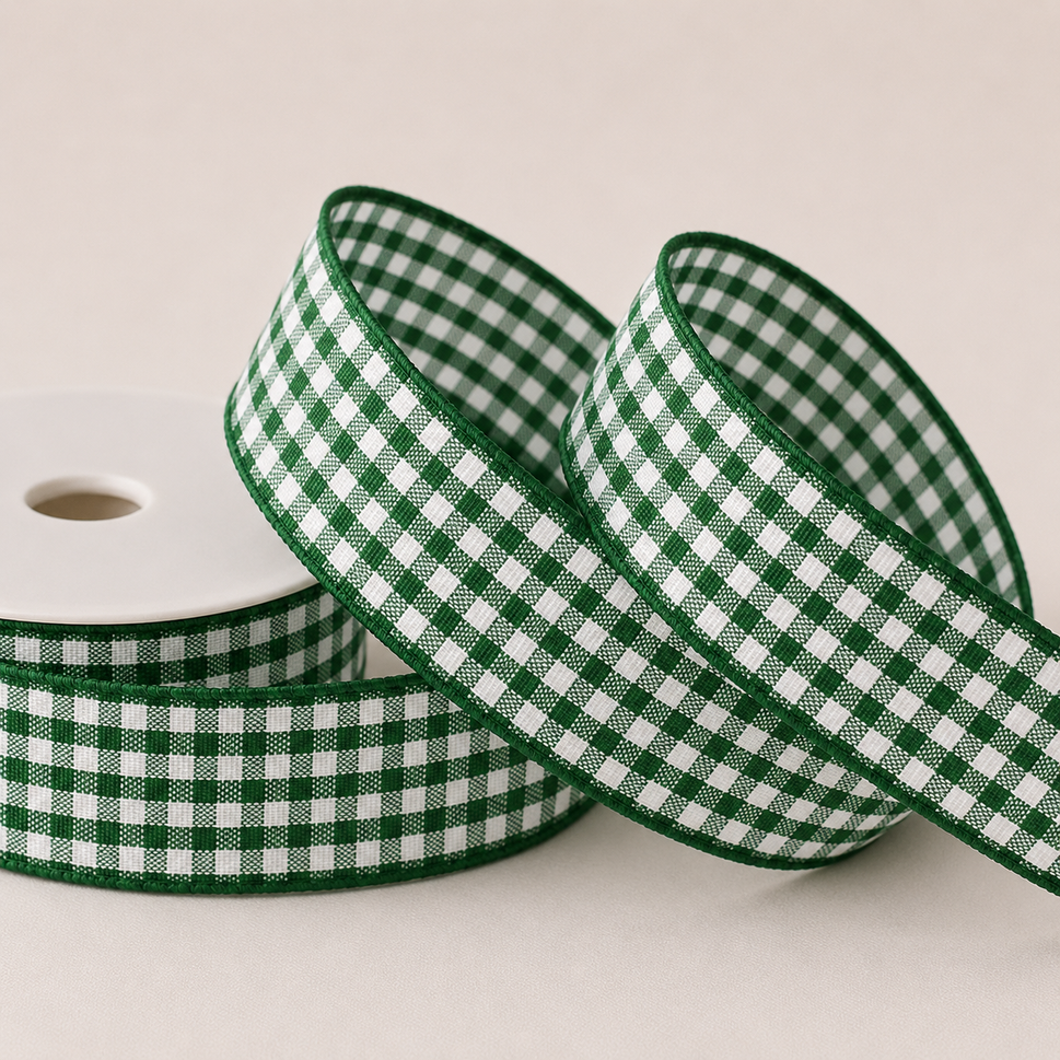 25mm Gingham Ribbon x 25 Metre Rolls!Green