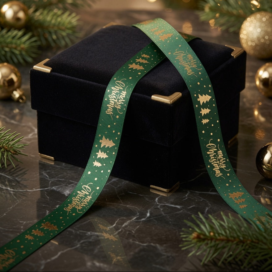 15mm Merry Christmas Trees Satin Ribbon x 20 Metre Rolls!Green
