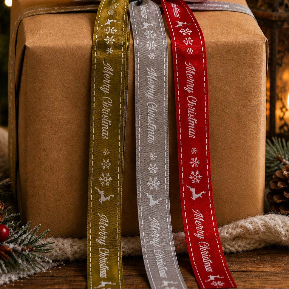 15mm Merry Christmas Reindeer Satin Ribbon x 20 Metre Rolls!