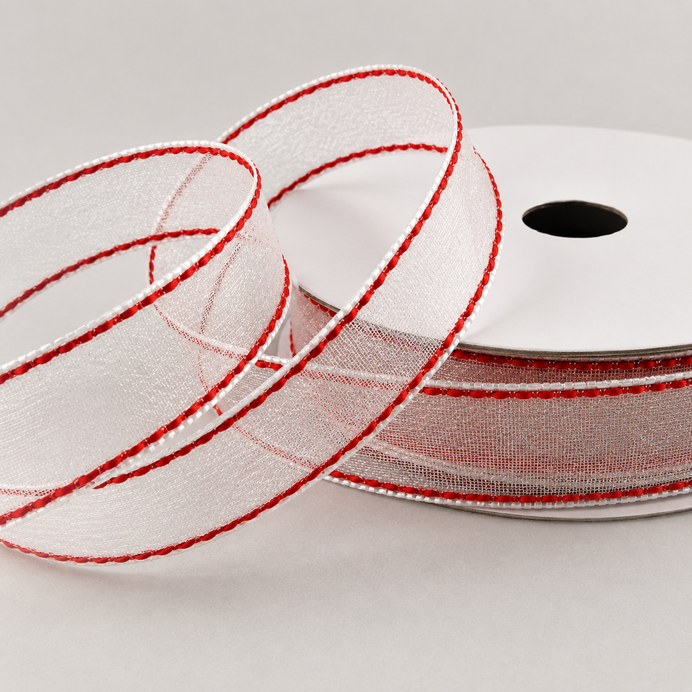 16mm Sheer & Saddle Stitch Ribbon x 20 Metres!White & Red