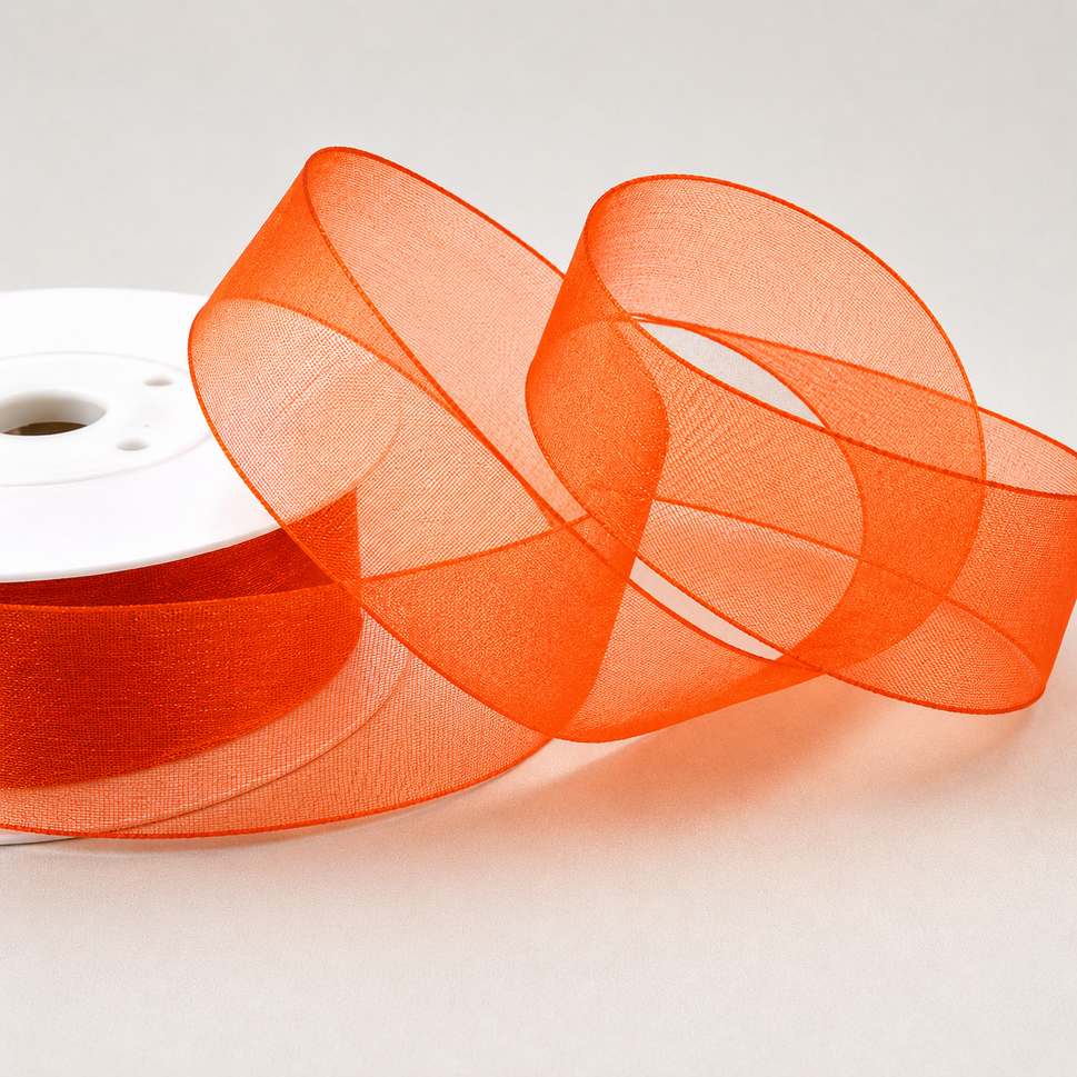 3mm,  9mm, 15mm, 25mm & 40mm Sheer Organza Ribbon3mm / Orange / 50 Metres