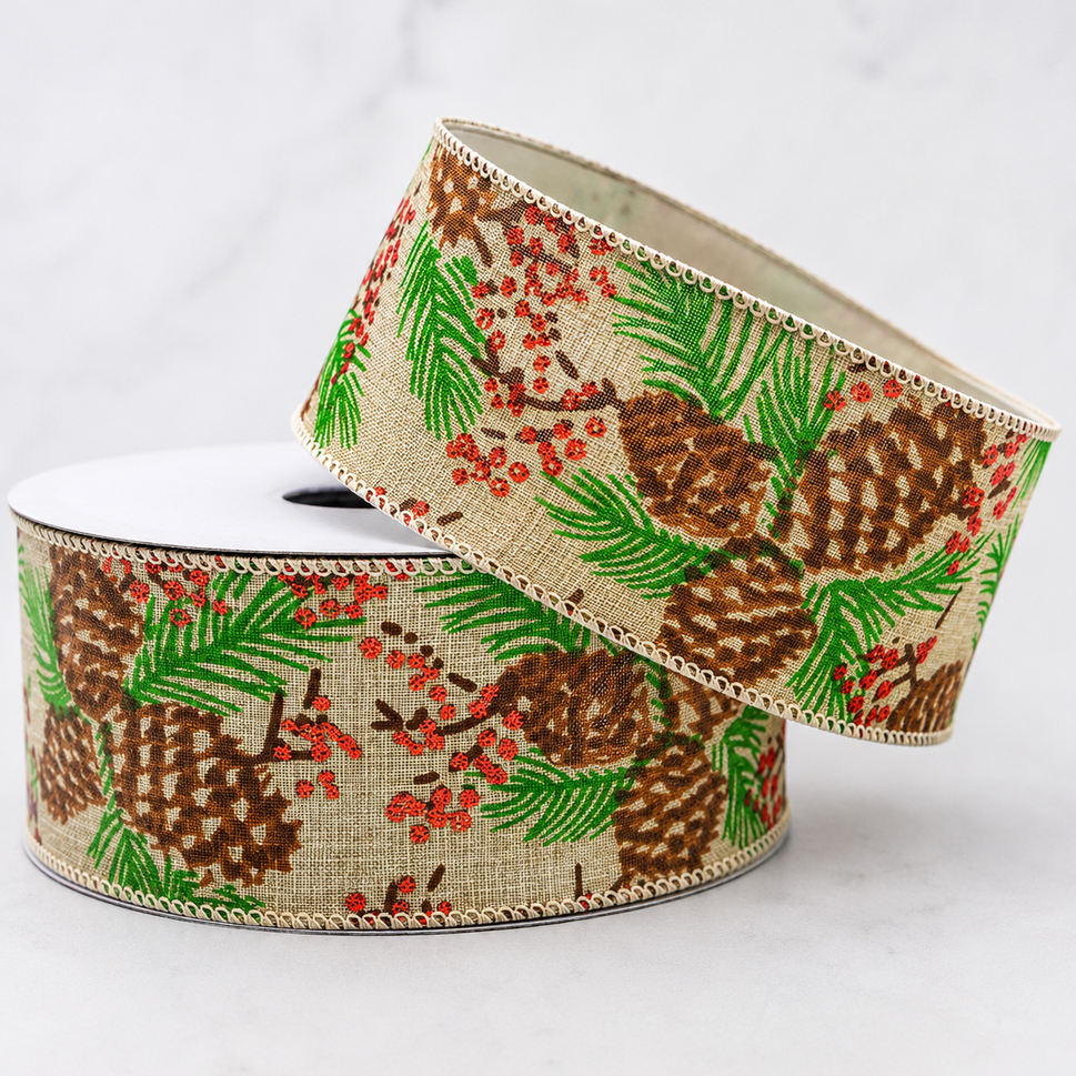 63mm Wired Natural Pine Tree & Red Berries Ribbon x 10 Metres!