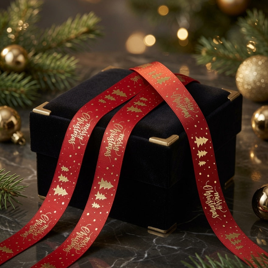 15mm Merry Christmas Trees Satin Ribbon x 20 Metre Rolls!Red