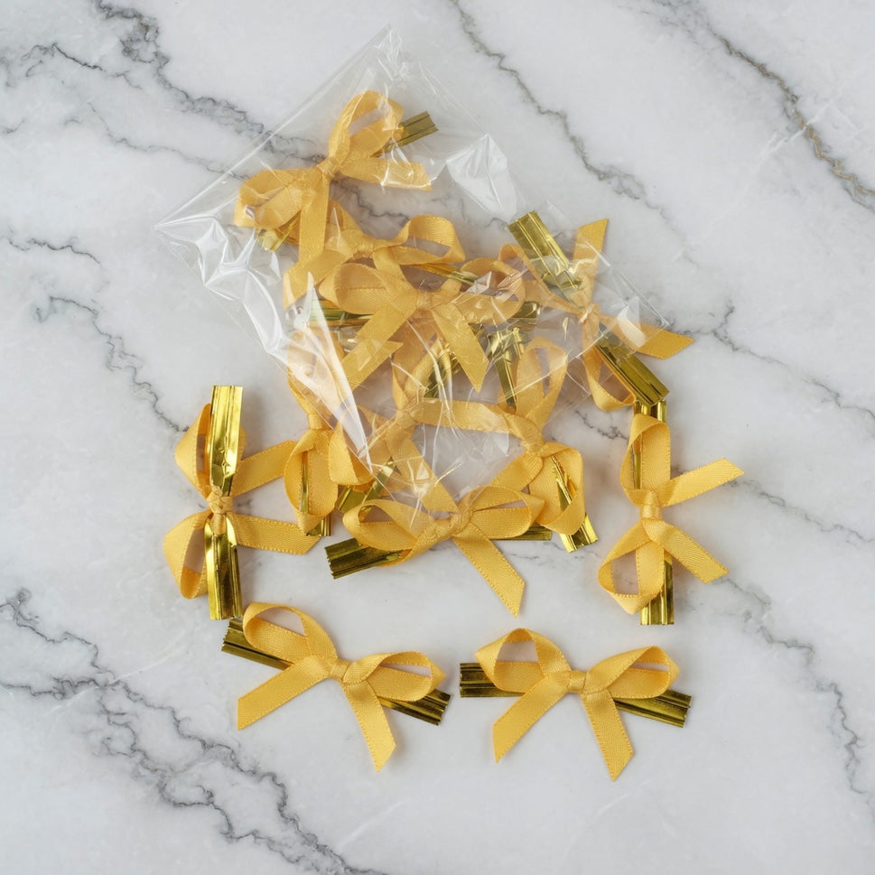 6mm Gold Coloured Satin Bows & Gold Twist Ties (10 Pieces)
