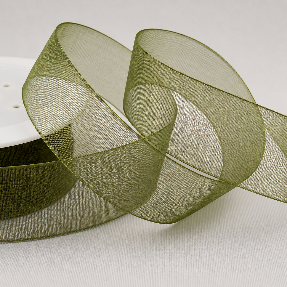 3mm,  9mm, 15mm, 25mm & 40mm Sheer Organza Ribbon3mm / Sage / 50 Metres