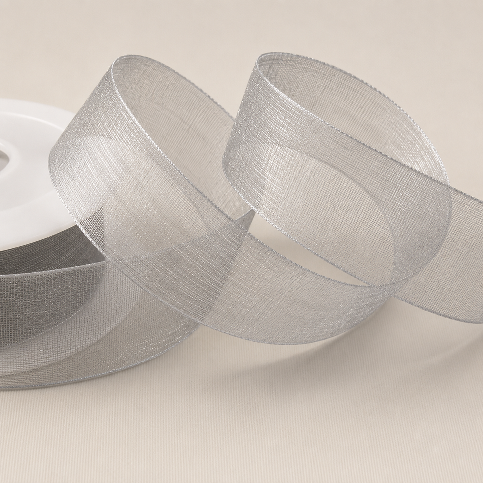 3mm,  9mm, 15mm, 25mm & 40mm Sheer Organza Ribbon3mm / Silver / 50 Metres