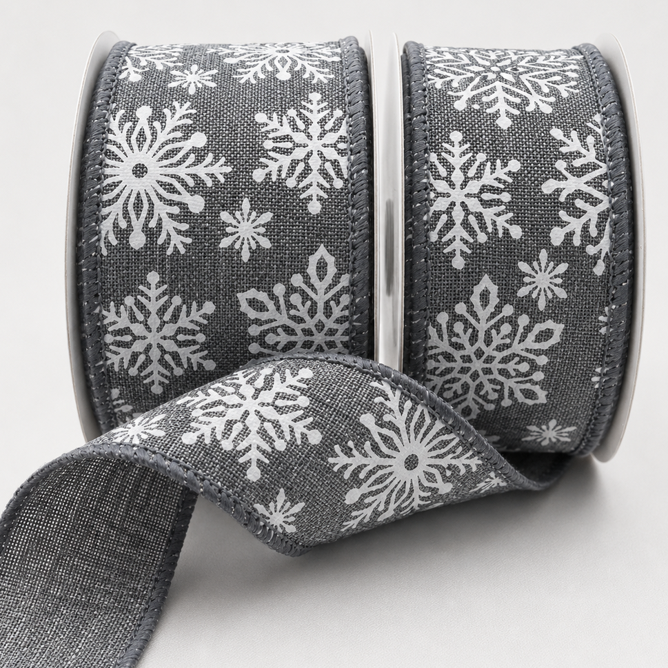 63mm Wired Grey Chilly White Snowflake Ribbon x 10 Metres!