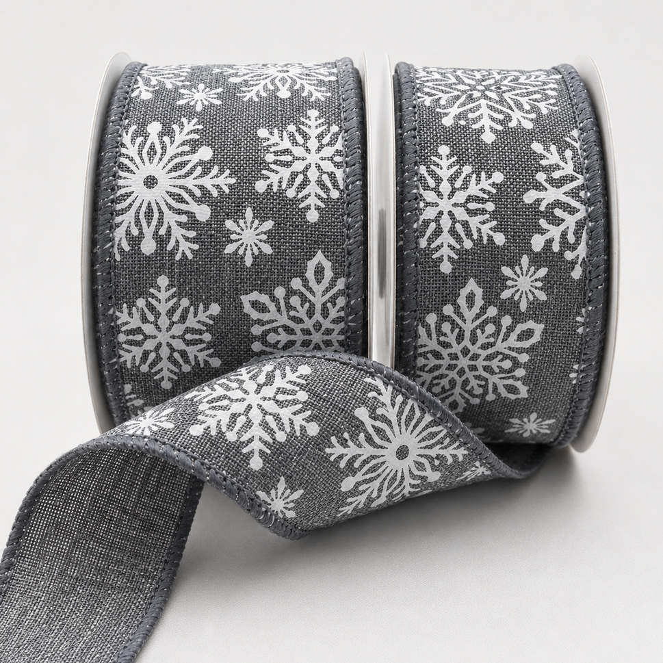 63mm Wired Grey Chilly White Snowflake Ribbon x 10 Metres!