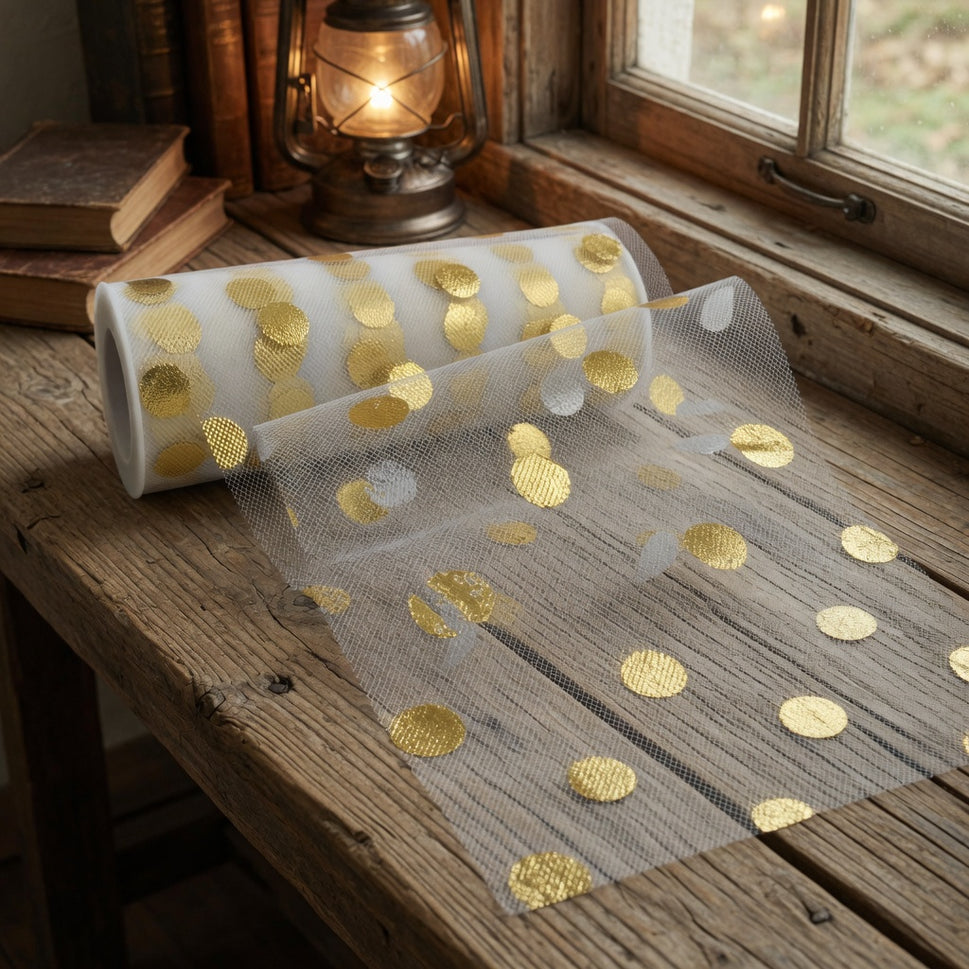 150mm Golden Spotted White Nylon Tulle (10 Metre Rolls)