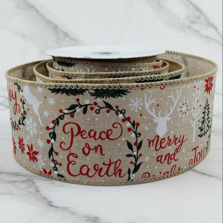63mm Wired Jute Christmas Ribbon - Reindeers & Trees x 10 Metres