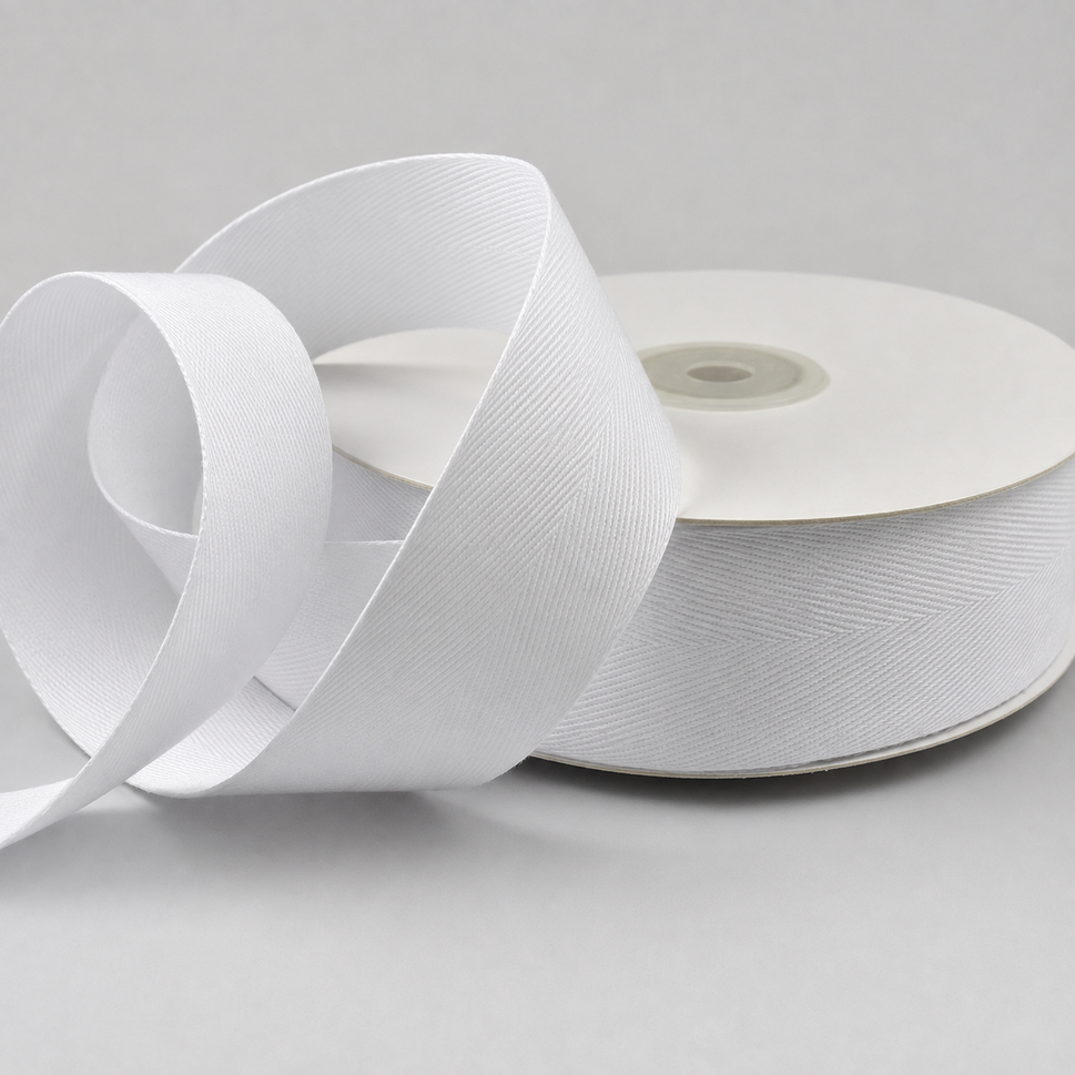 15mm, 25mm & 38mm Soft Herringbone Cotton Ribbon x 25 Metres!15mm / White
