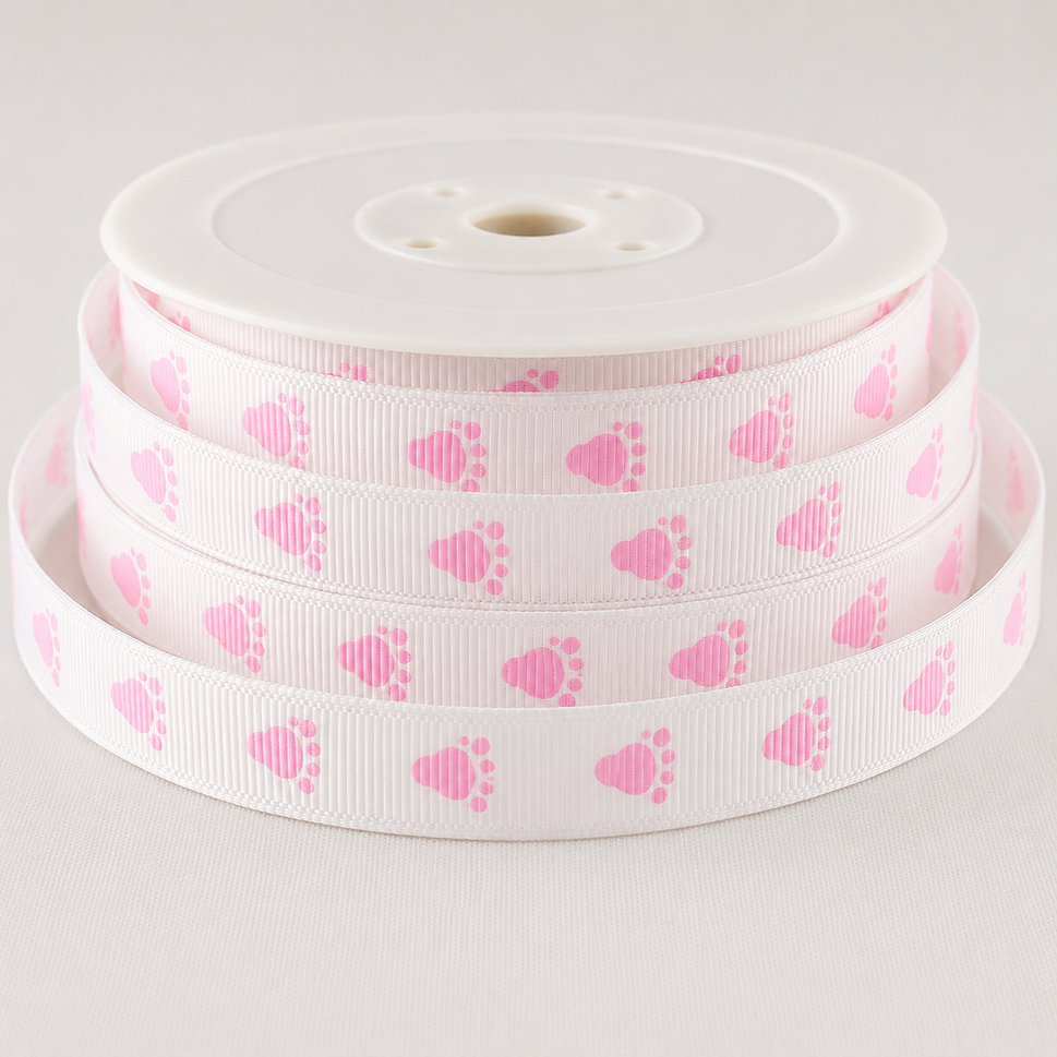 10mm Grosgrain Baby Feet Ribbon (20 Metre Rolls)White & Pink