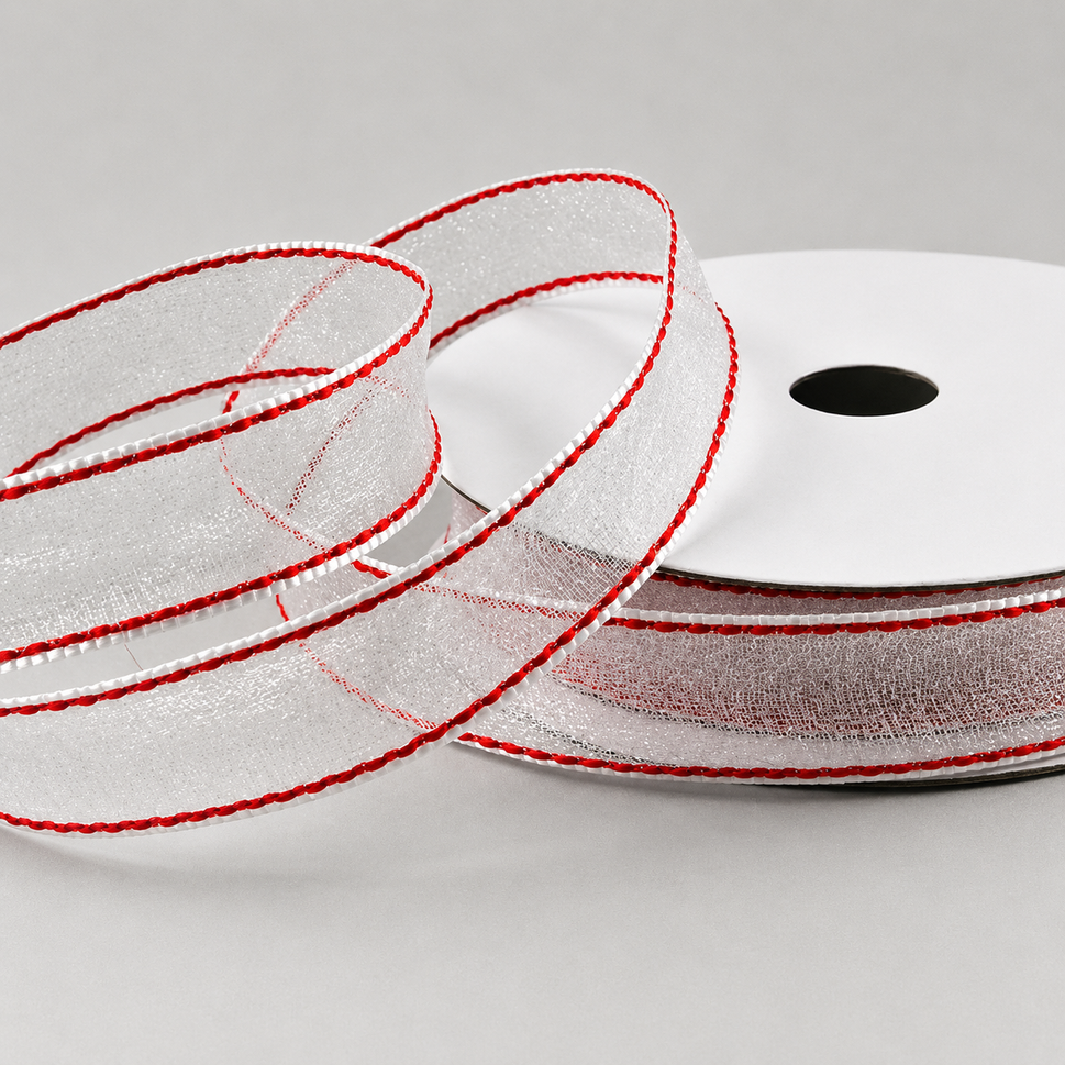 16mm Sheer & Saddle Stitch Ribbon x 20 Metres!Off White & Red