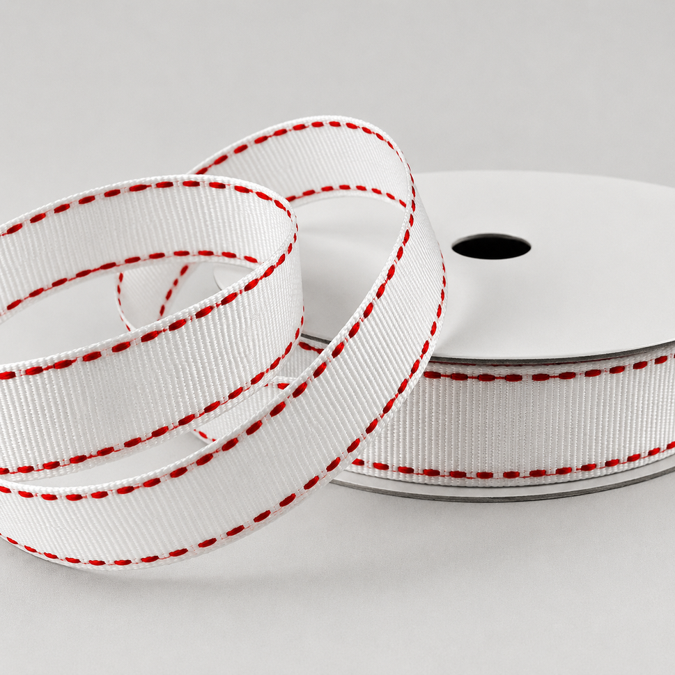 16mm White Saddle Stitch Grosgrain Ribbon x 20 Metres!White & Red