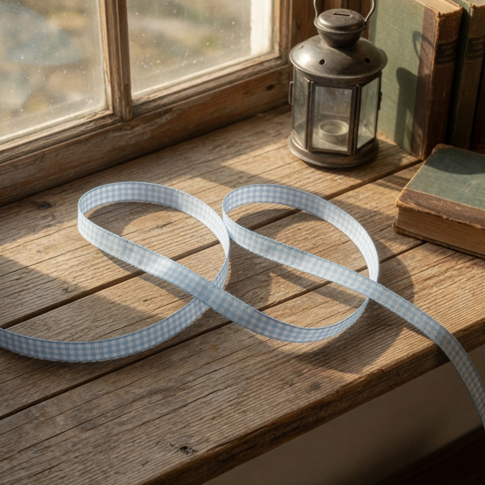 10mm Baby Blue Gingham Ribbon x 25 Metre Rolls!